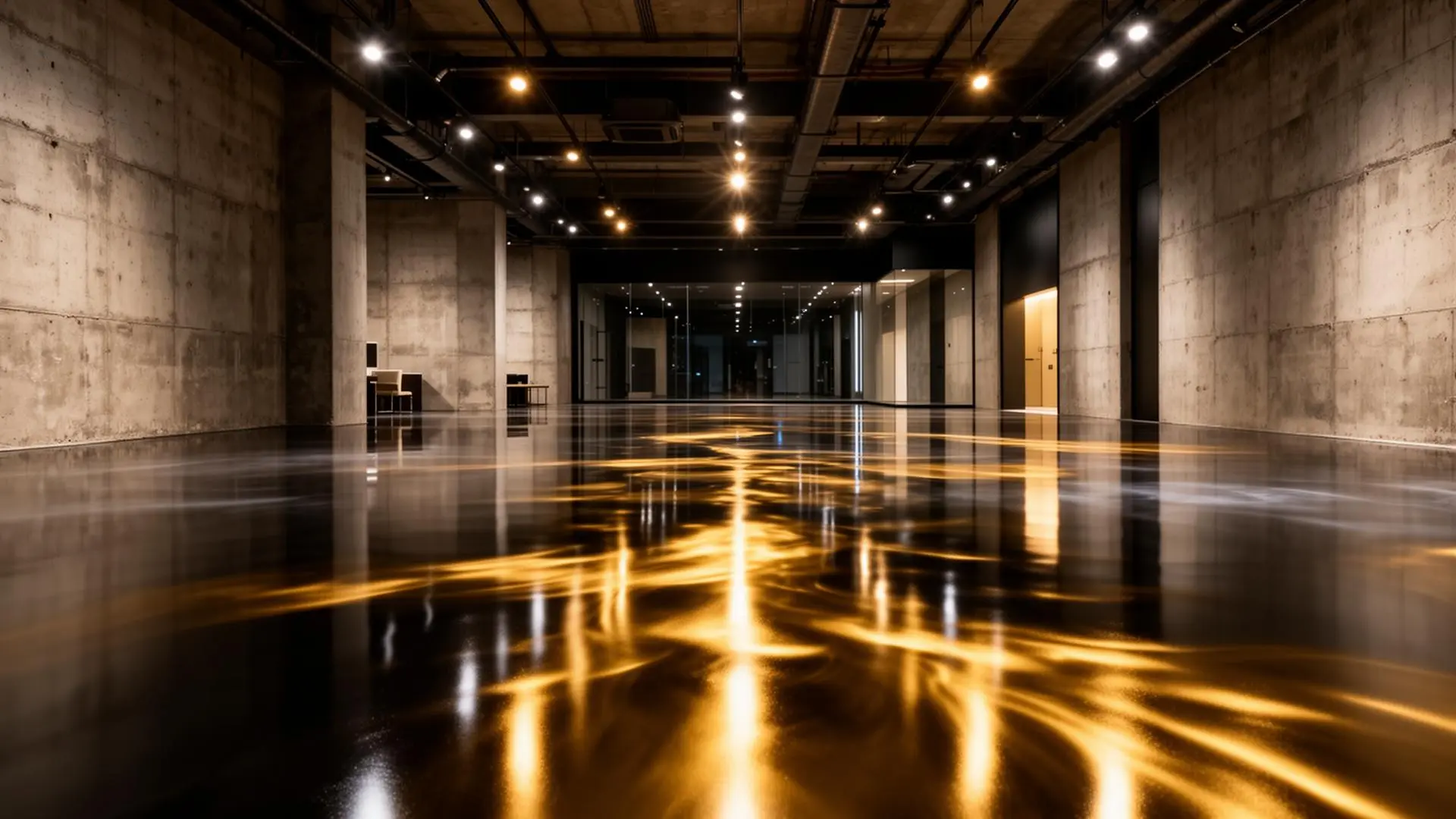 Metallic epoxy showroom with golden reflections
