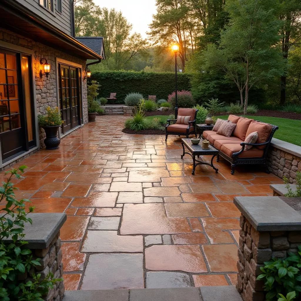 Beautiful stamped concrete patio with natural stone pattern