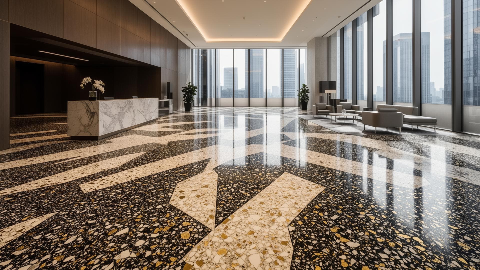 Luxury corporate lobby with custom terrazzo floor
