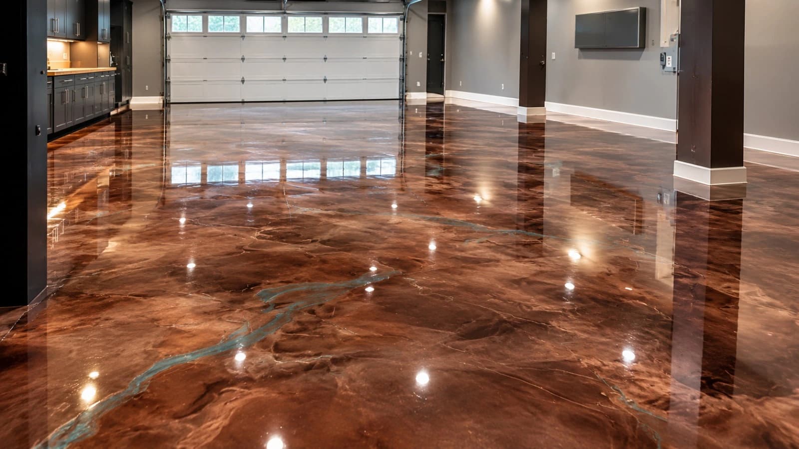 Professionally coated garage floor with a durable decorative finish